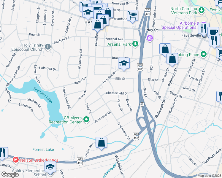map of restaurants, bars, coffee shops, grocery stores, and more near 821 Wilbon Drive in Fayetteville
