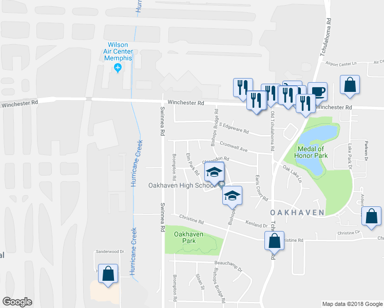 map of restaurants, bars, coffee shops, grocery stores, and more near 3648 Elm Park Road in Memphis