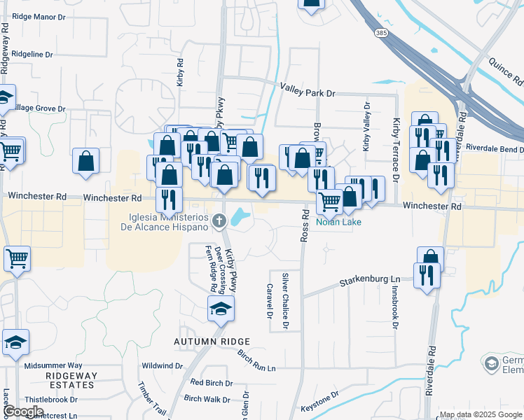 map of restaurants, bars, coffee shops, grocery stores, and more near 6675 Winchester Road in Memphis