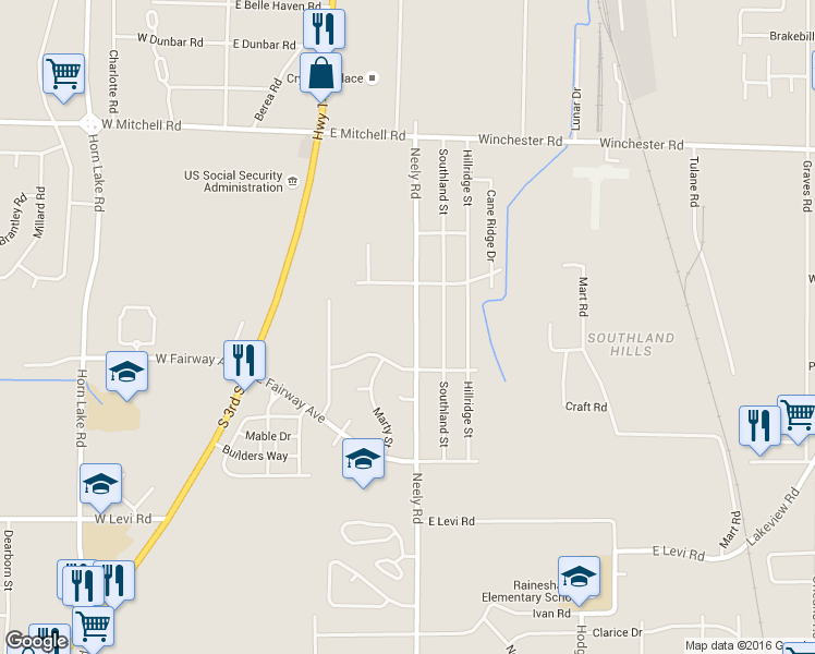 map of restaurants, bars, coffee shops, grocery stores, and more near 3651 Neely Road in Memphis