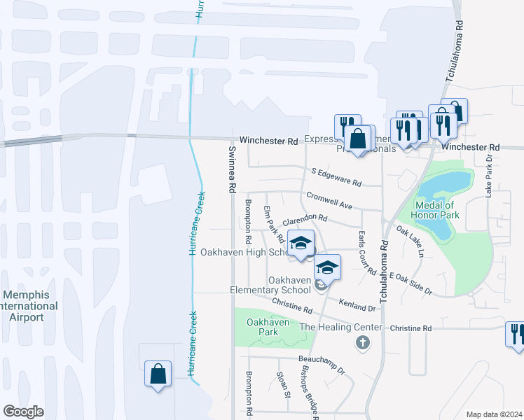 map of restaurants, bars, coffee shops, grocery stores, and more near 3645 Elm Park Road in Memphis