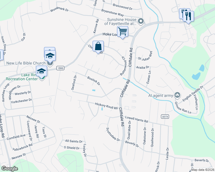 map of restaurants, bars, coffee shops, grocery stores, and more near 8021 Blaze Court in Fayetteville