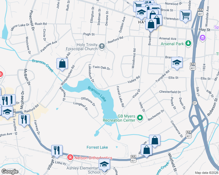 map of restaurants, bars, coffee shops, grocery stores, and more near 401-437 Valley Road in Fayetteville