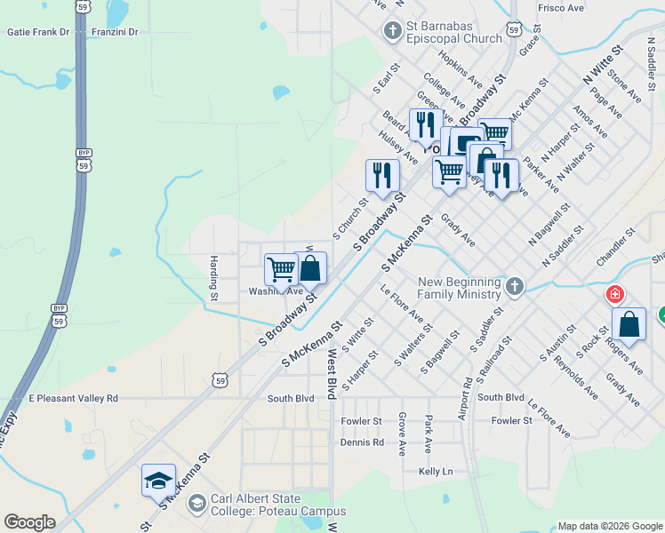 map of restaurants, bars, coffee shops, grocery stores, and more near 105 Paul Mathis Drive in Poteau