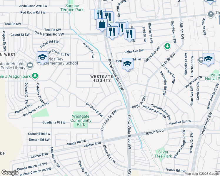 map of restaurants, bars, coffee shops, grocery stores, and more near 1320 Amole Vista Street Southwest in Albuquerque
