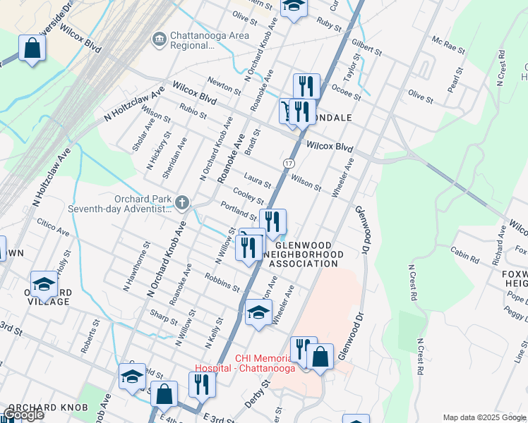 map of restaurants, bars, coffee shops, grocery stores, and more near 1059 Tennessee 17 in Chattanooga
