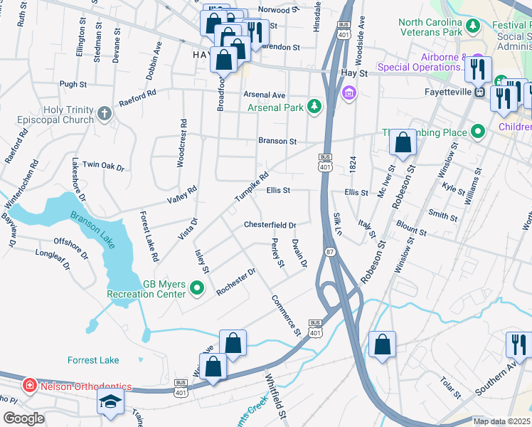 map of restaurants, bars, coffee shops, grocery stores, and more near 820 Wilbon Drive in Fayetteville