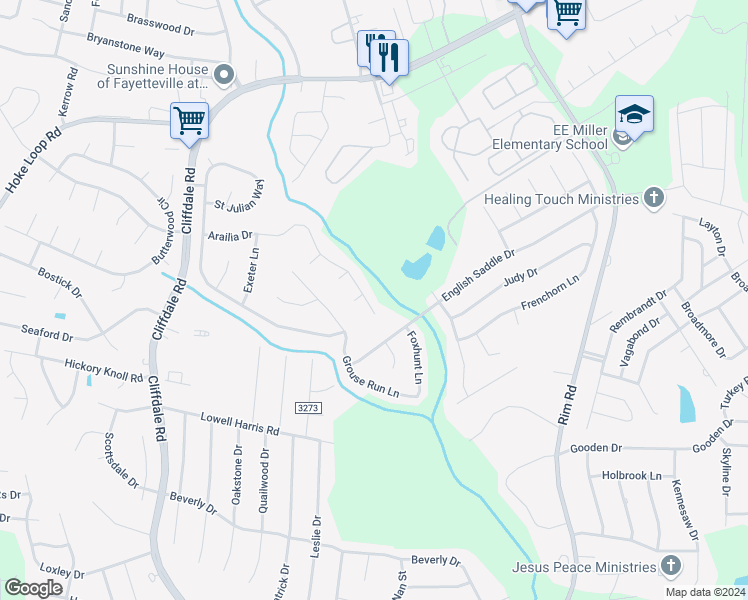 map of restaurants, bars, coffee shops, grocery stores, and more near 1116 Arailia Drive in Fayetteville