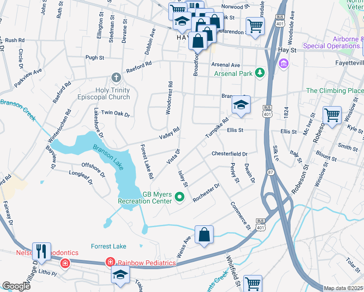map of restaurants, bars, coffee shops, grocery stores, and more near 415 Vista Drive in Fayetteville