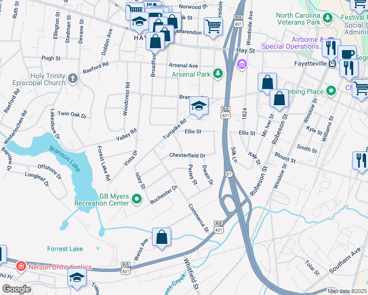 map of restaurants, bars, coffee shops, grocery stores, and more near 820 Wilbon Drive in Fayetteville