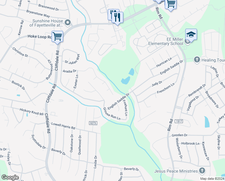 map of restaurants, bars, coffee shops, grocery stores, and more near 1116 Arailia Drive in Fayetteville