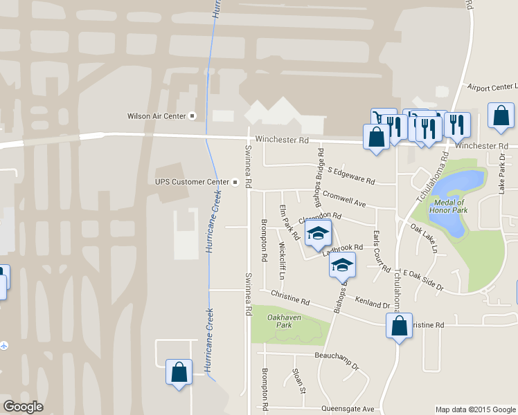 map of restaurants, bars, coffee shops, grocery stores, and more near 3645 Brompton Road in Memphis