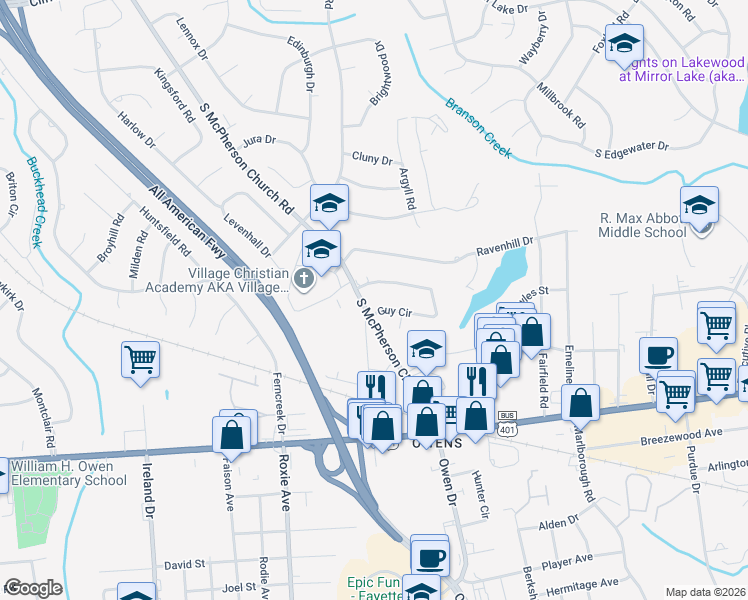 map of restaurants, bars, coffee shops, grocery stores, and more near 929 South McPherson Church Road in Fayetteville