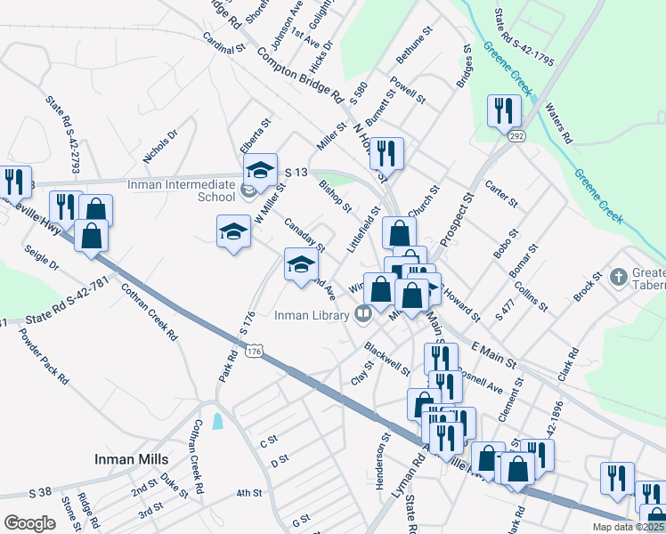 map of restaurants, bars, coffee shops, grocery stores, and more near 5 Littlefield Street in Inman