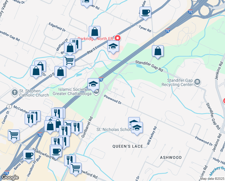 map of restaurants, bars, coffee shops, grocery stores, and more near 7401 Allemande Way in Chattanooga