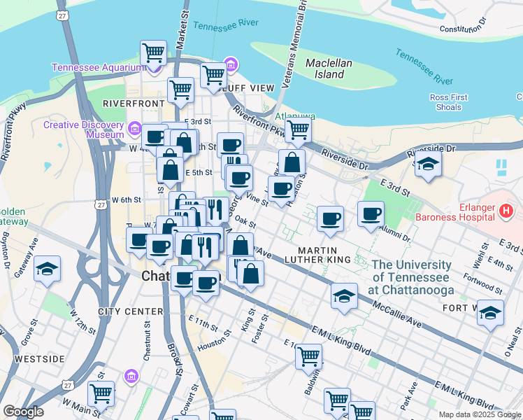 map of restaurants, bars, coffee shops, grocery stores, and more near 615 Lindsay Street in Chattanooga