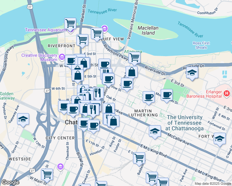 map of restaurants, bars, coffee shops, grocery stores, and more near 615 Lindsay Street in Chattanooga