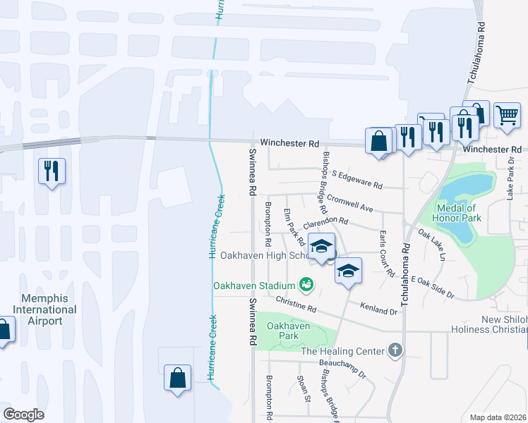 map of restaurants, bars, coffee shops, grocery stores, and more near 3645 Brompton Road in Memphis