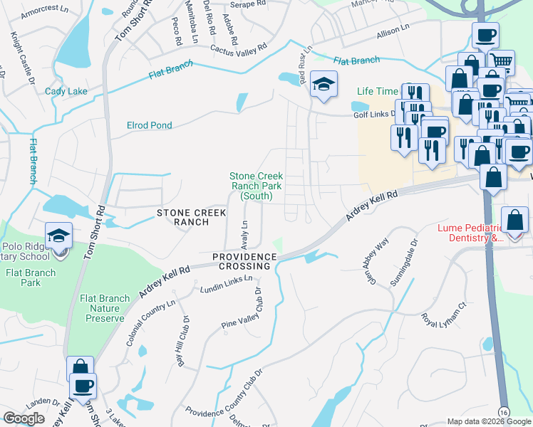 map of restaurants, bars, coffee shops, grocery stores, and more near 6409 Springs Mill Road in Charlotte
