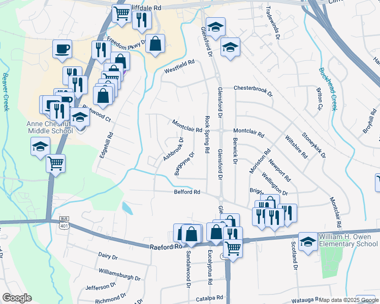 map of restaurants, bars, coffee shops, grocery stores, and more near 716 Burgoyne Drive in Fayetteville