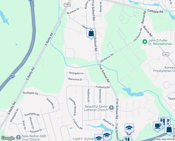 map of restaurants, bars, coffee shops, grocery stores, and more near 909 Cedar Glen Drive in Fayetteville