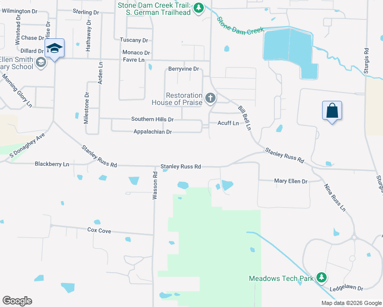 map of restaurants, bars, coffee shops, grocery stores, and more near 1360 Stanley Russ Road in Conway