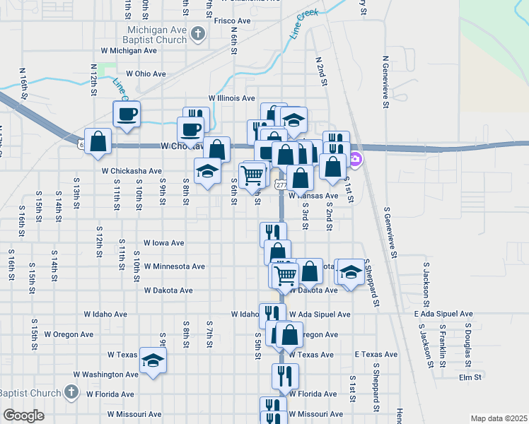 map of restaurants, bars, coffee shops, grocery stores, and more near 217 S 5th St in Chickasha
