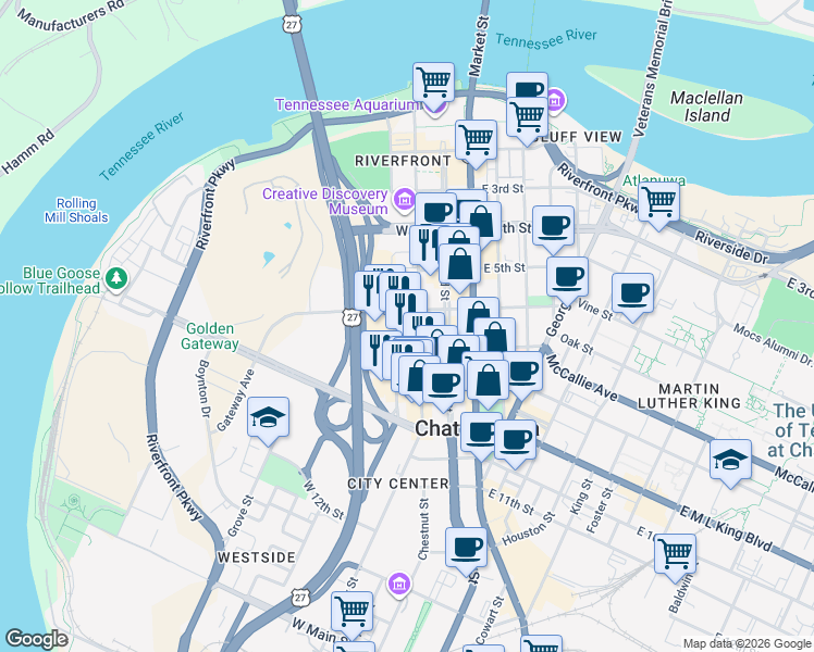 map of restaurants, bars, coffee shops, grocery stores, and more near in Chattanooga
