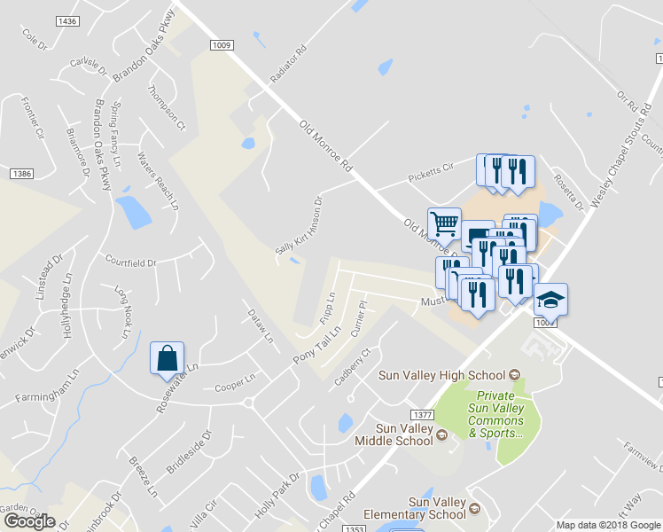 map of restaurants, bars, coffee shops, grocery stores, and more near 1002 Fripp Ln in Indian Trail