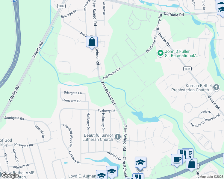 map of restaurants, bars, coffee shops, grocery stores, and more near 1210-1300 71st School Road in Fayetteville