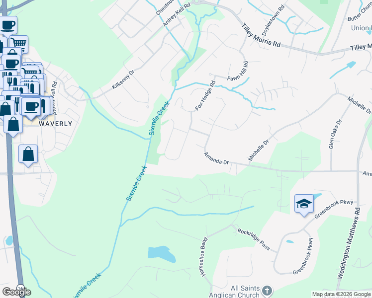 map of restaurants, bars, coffee shops, grocery stores, and more near 642 Hampshire Hill Road in Matthews