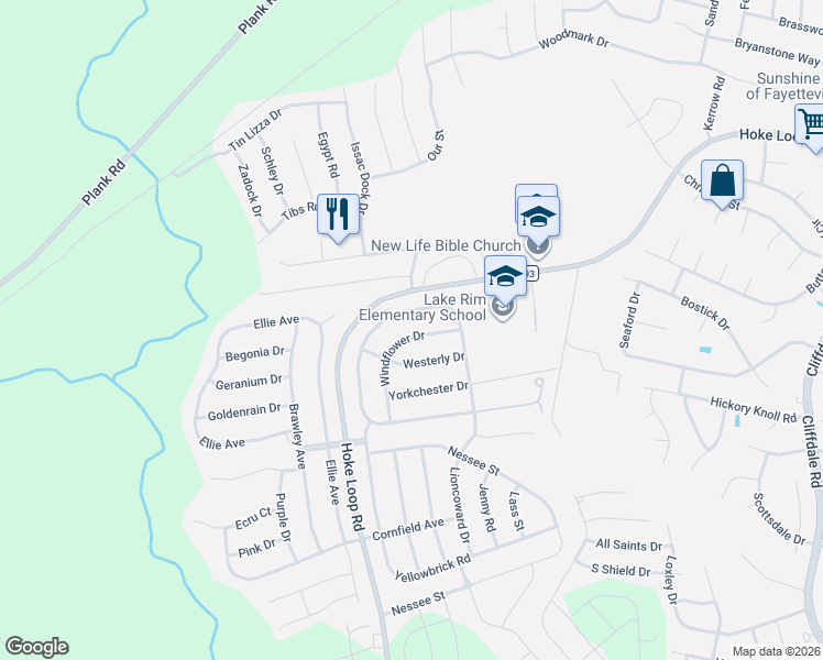 map of restaurants, bars, coffee shops, grocery stores, and more near 5024 Windflower Drive in Fayetteville