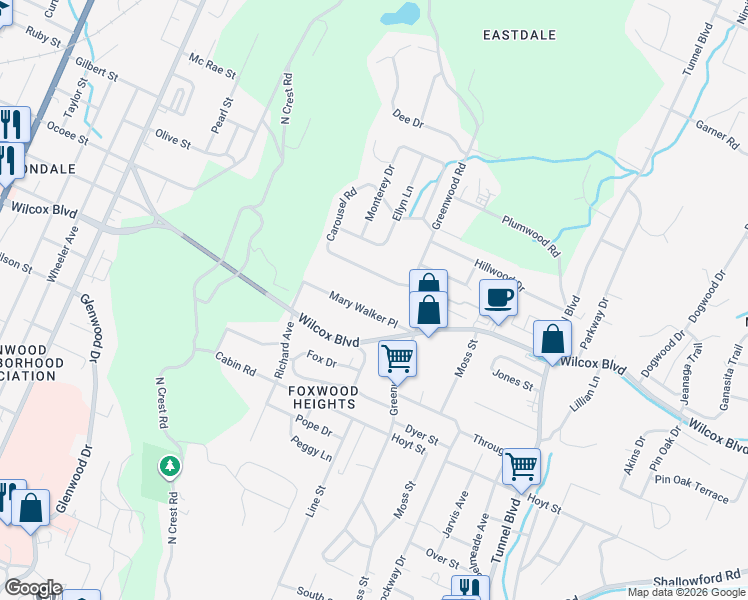map of restaurants, bars, coffee shops, grocery stores, and more near 3103 Mary Walker Place in Chattanooga