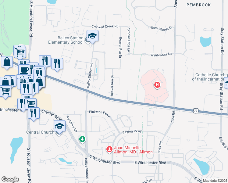map of restaurants, bars, coffee shops, grocery stores, and more near 10254 Crystal Creek Cove East in Collierville