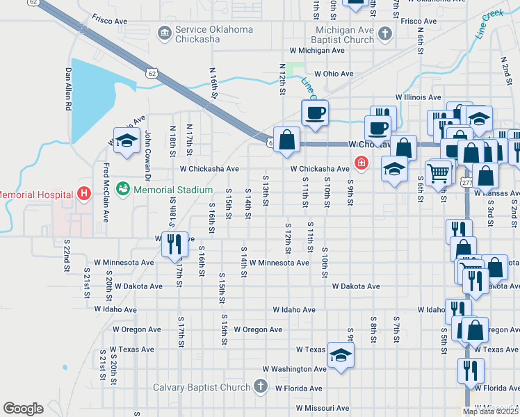 map of restaurants, bars, coffee shops, grocery stores, and more near 1308 W Colorado Ave in Chickasha