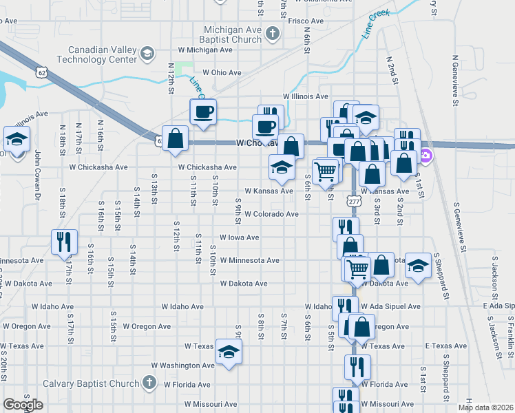 map of restaurants, bars, coffee shops, grocery stores, and more near 224 South 8th Street in Chickasha