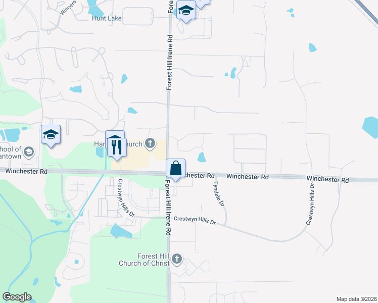 map of restaurants, bars, coffee shops, grocery stores, and more near 3676 Forest Hill Irene Road in Germantown