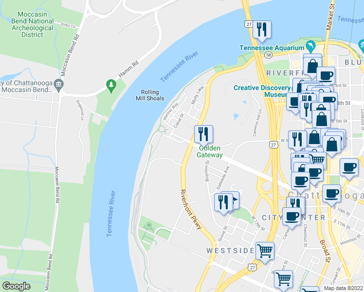 map of restaurants, bars, coffee shops, grocery stores, and more near 951 Riverfront Parkway in Chattanooga