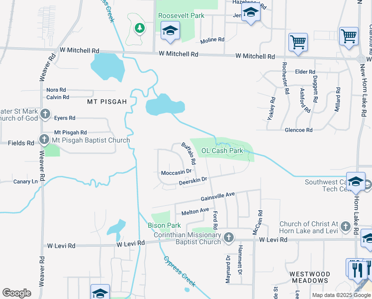 map of restaurants, bars, coffee shops, grocery stores, and more near 3649 Buffalo Road in Memphis
