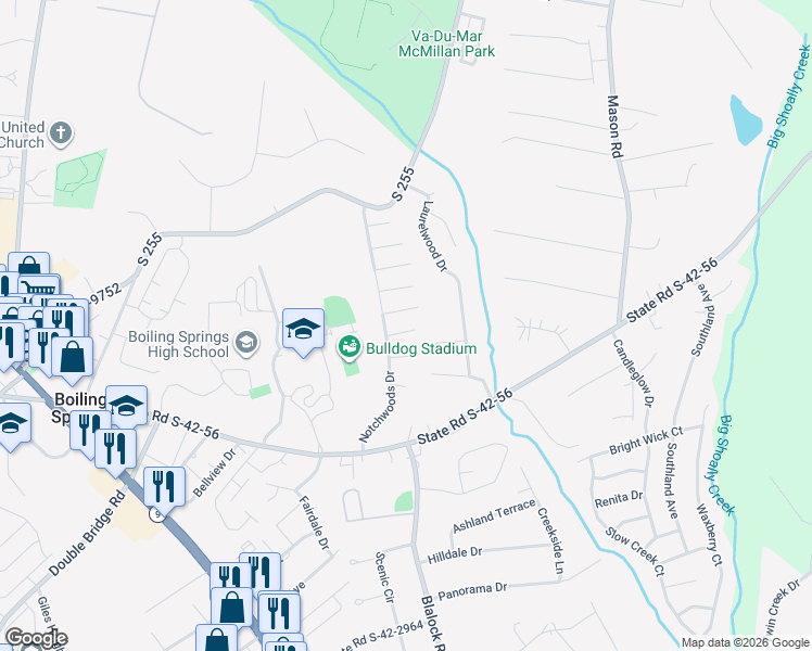 map of restaurants, bars, coffee shops, grocery stores, and more near 617 Kneewood Court in Boiling Springs