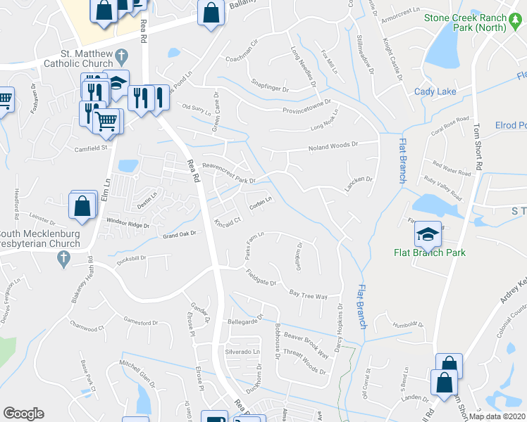 map of restaurants, bars, coffee shops, grocery stores, and more near 12499 Crowley Court in Charlotte