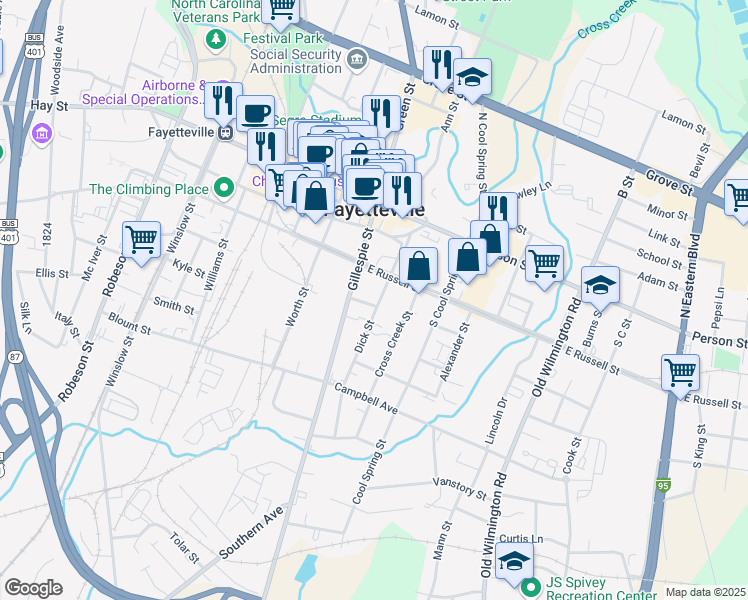 map of restaurants, bars, coffee shops, grocery stores, and more near 224 Dick Street in Fayetteville