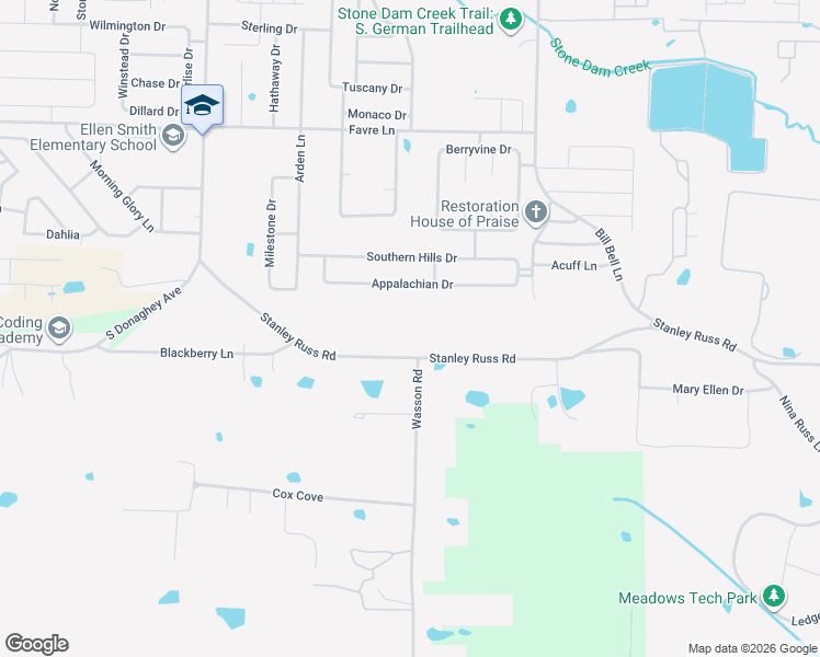map of restaurants, bars, coffee shops, grocery stores, and more near 1610 Stanley Russ Road in Conway