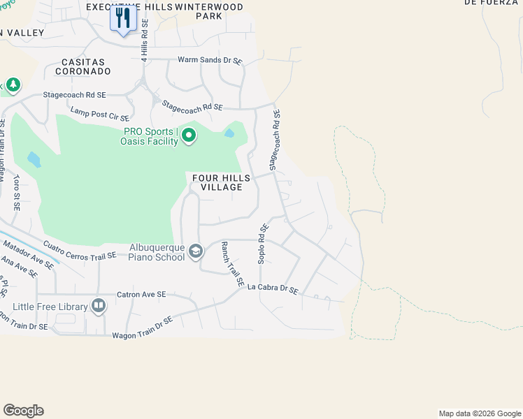 map of restaurants, bars, coffee shops, grocery stores, and more near 1416 Stagecoach Lane Southeast in Albuquerque