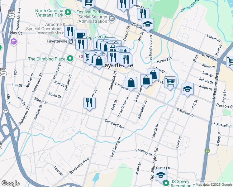 map of restaurants, bars, coffee shops, grocery stores, and more near 224 Dick Street in Fayetteville