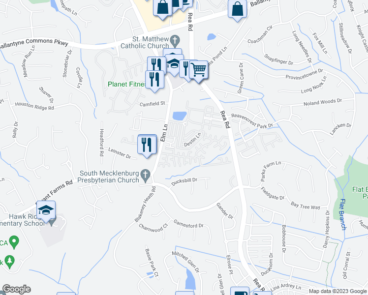 map of restaurants, bars, coffee shops, grocery stores, and more near 11573 Destin Lane in Charlotte
