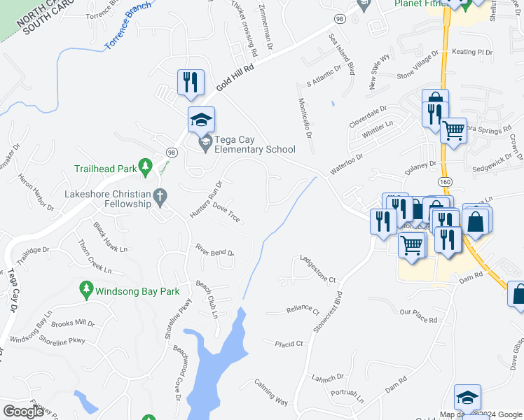 map of restaurants, bars, coffee shops, grocery stores, and more near 1148 Hunters Run Drive in Tega Cay