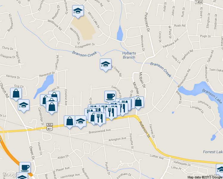 map of restaurants, bars, coffee shops, grocery stores, and more near 600 Executive Pl in Fayetteville