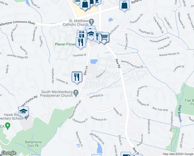 map of restaurants, bars, coffee shops, grocery stores, and more near 8440 Windsor Ridge Drive in Charlotte