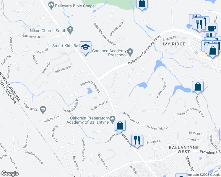 map of restaurants, bars, coffee shops, grocery stores, and more near 14559 Adair Manor Court in Charlotte